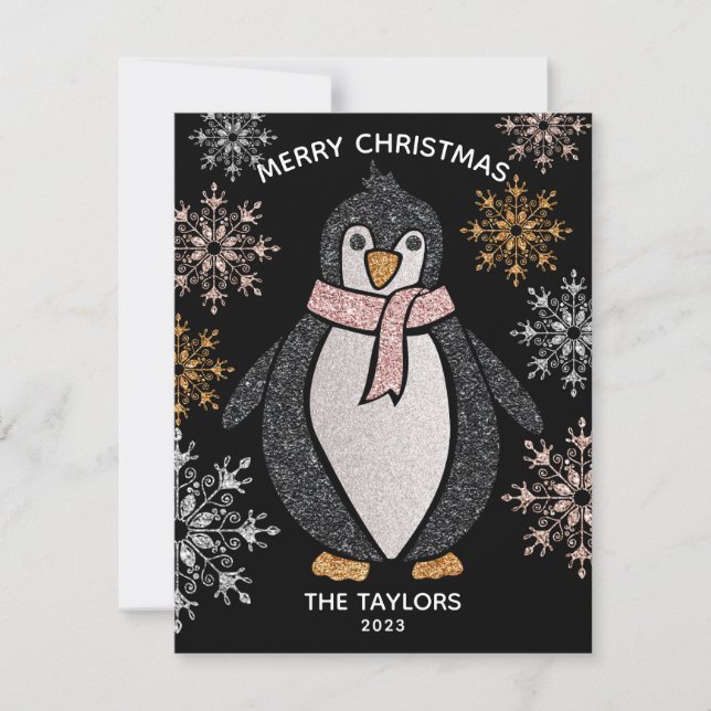 Tarjeta Familia de Navidades del purpurina Cute Penguin (Anverso)