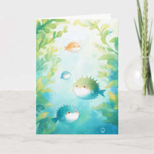 Tarjeta Familia de peces globo flotando en el bosque de al