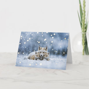 Tarjeta Familia de zorros, madre y cachorros en la nieve N
