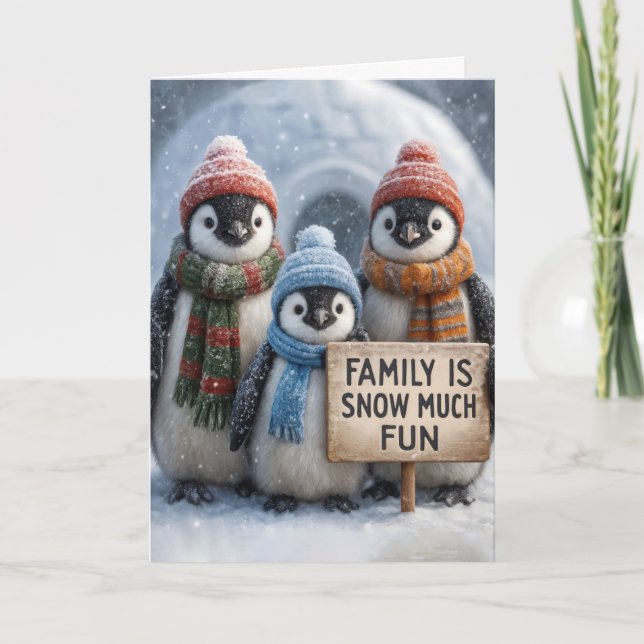 Tarjeta Familia Pingüino navidad En Copos De Nieve (Anverso)