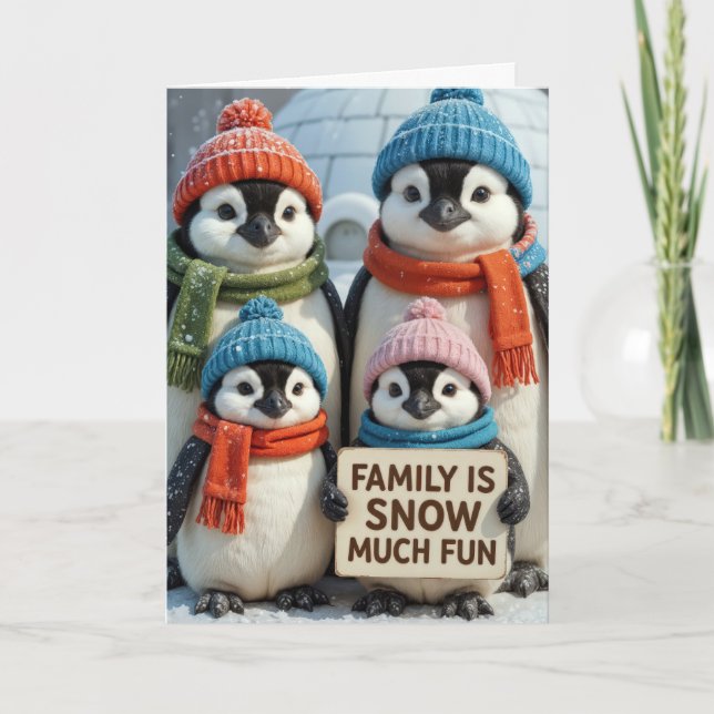 Tarjeta Familia Pingüino navidad En Copos De Nieve (Anverso)