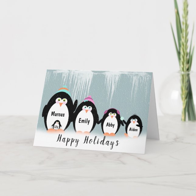 Tarjeta Familia Pingüino navidad En Copos De Nieve (Anverso)