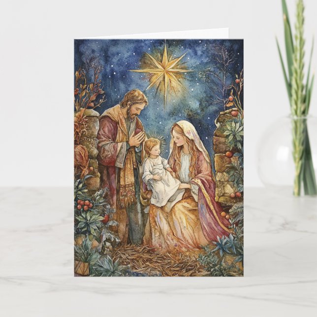 Tarjeta Familia sagrada en un cómodo establo (Anverso)