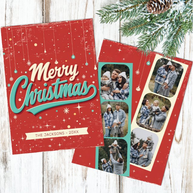 Tarjeta familiar Retro 6 Photo Merry Christmas (Retro Christmas Photo Card)