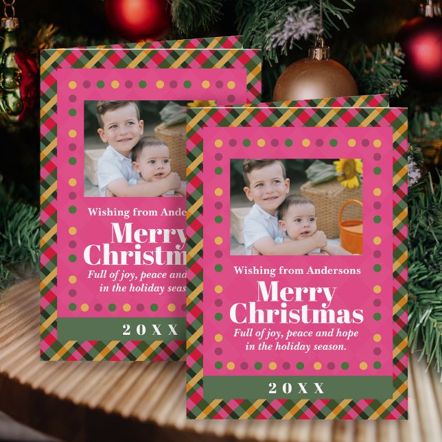 Tarjeta Family Christmas Plaid Photo Red Holiday Postcard (Subido por el creador)