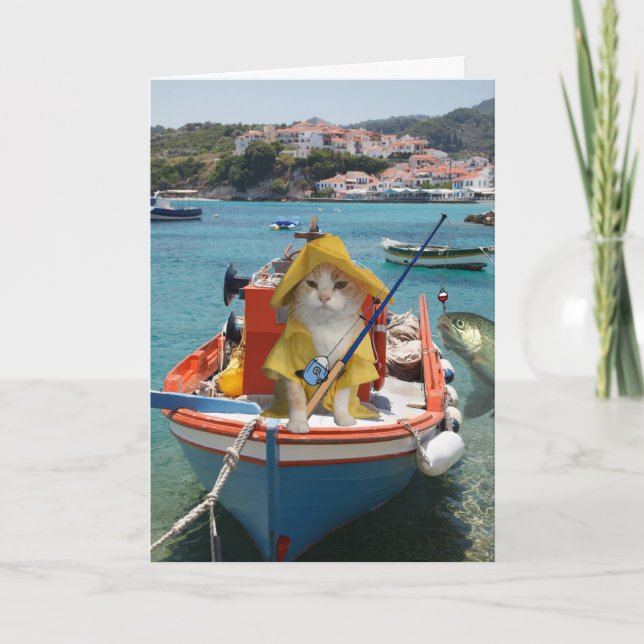 Tarjeta Famoso cumpleaños de gato para pescador (Anverso)