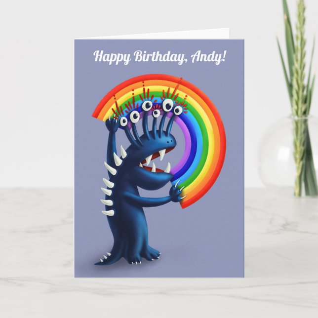 Tarjeta Famoso Monstruo Colorido Niño Arcoiris Cumpleaños (Anverso)