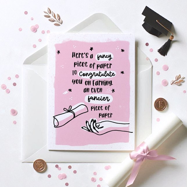 Tarjeta Fancy Paper Graduación Graduada Gradual (Gradutation card with black text & pink bg. Grad card shown with envelope, diploma and confetti )