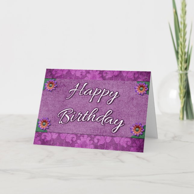 Tarjeta Fancy Purple Damask Happy Birday Card Flores (Anverso)