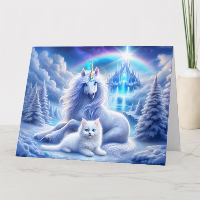 Tarjeta Fantasía de invierno con unicornio y gatito hermos (Anverso)