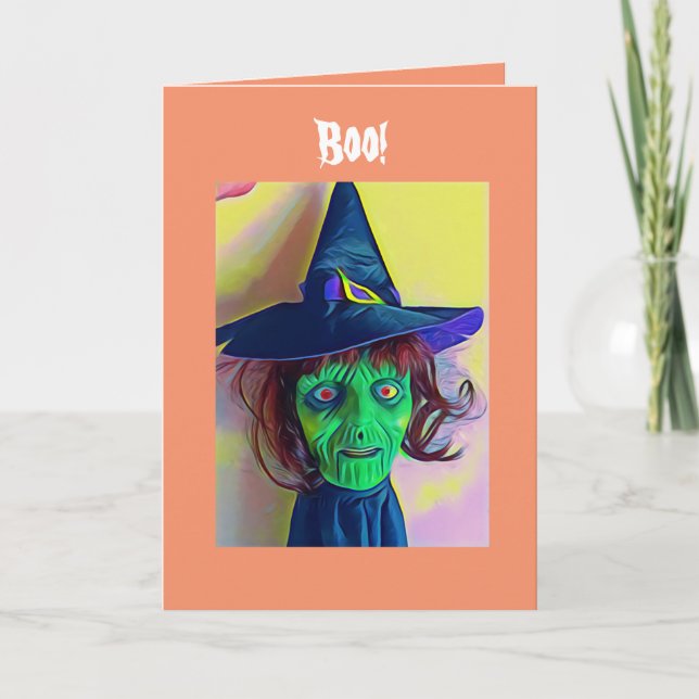 Tarjeta Fantasía Halloween Green Witch Face Grey Card (Anverso)