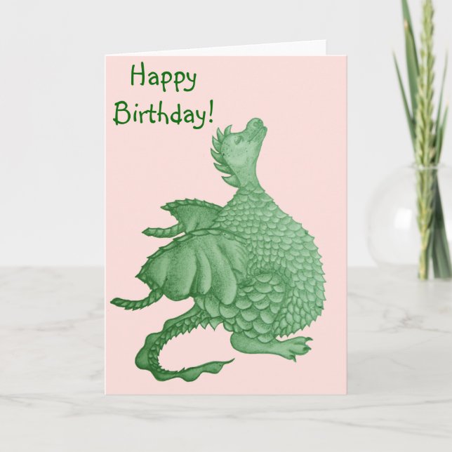 Tarjeta fantasía mítica criatura dragón verde lindo (Anverso)