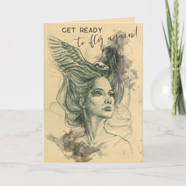 Tarjeta Fantasía Mujer Cráneo de pájaro Alas Surreal Arte (Anverso)