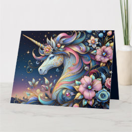 Tarjeta Fantasía Nocturna de Unicornio Floral