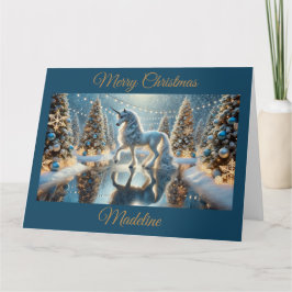 Tarjeta Fantasía Unicornio con brillantes árboles navideño