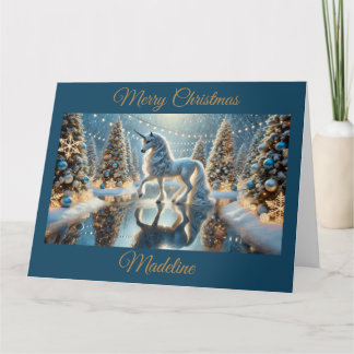 Tarjeta Fantasía Unicornio con brillantes árboles navideño