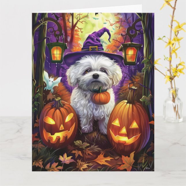 Tarjeta Fantasma Bichon Frise Halloween Bruja Y Calabaza (flor amarilla)