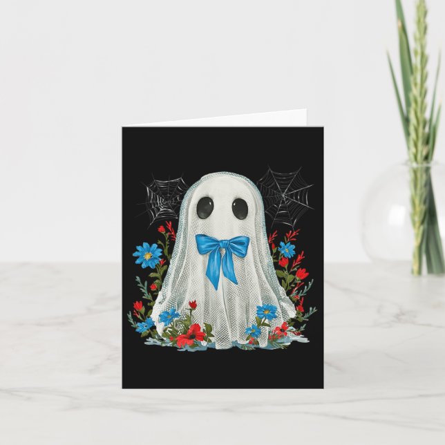 Tarjeta Fantasma Con Coqueta Azul De Vaca Y Flores Hallowe (Anverso)