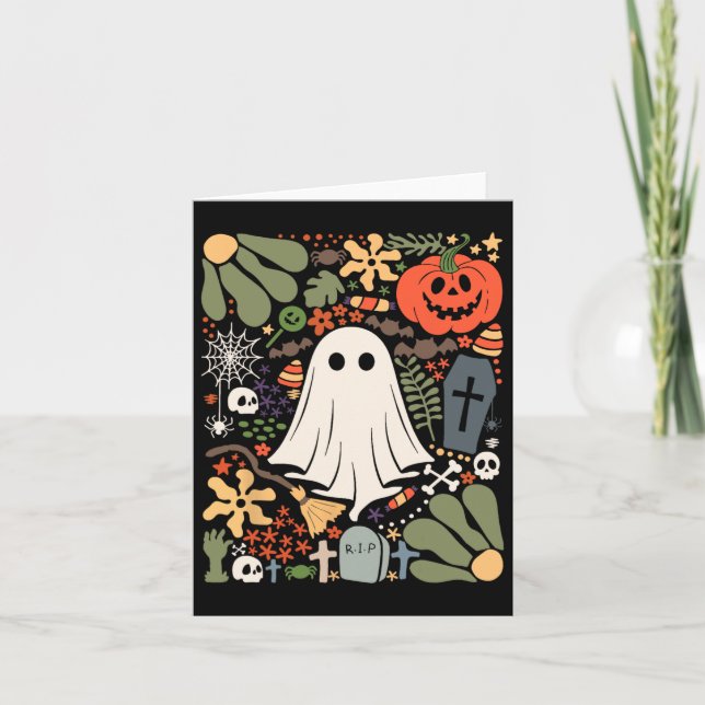 Tarjeta Fantasma Con Flores Halloween Flamoroso Fantasma D (Anverso)