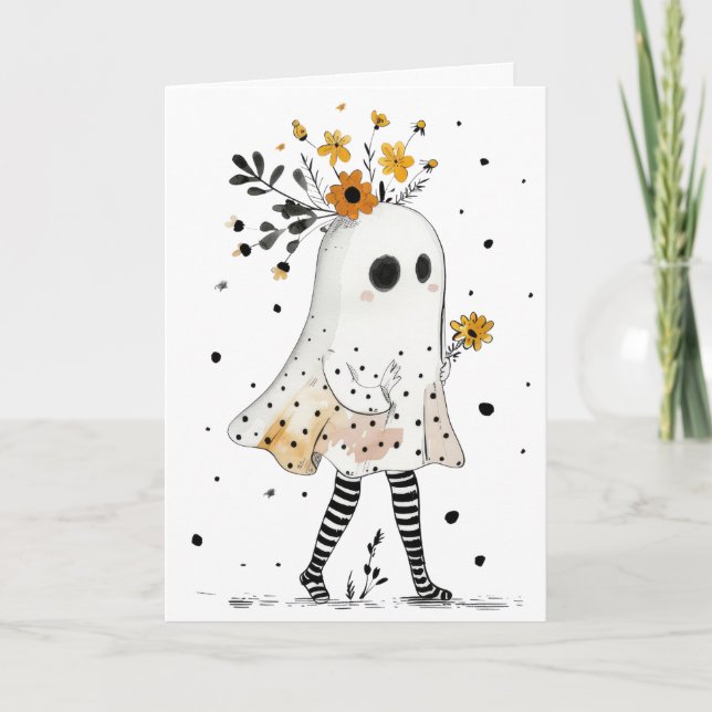 Tarjeta Fantasma con girasoles Feliz Halloween (Anverso)