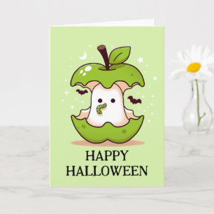 Tarjeta Fantasma Cuidada En La Manzana Verde Con Halloween