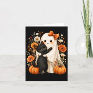 Tarjeta Fantasma de Halloween abrazando gato negro floral 