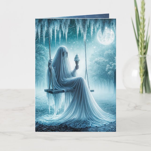 Tarjeta Fantasma De Halloween Comiendo Un Cono De Helado (Anverso)