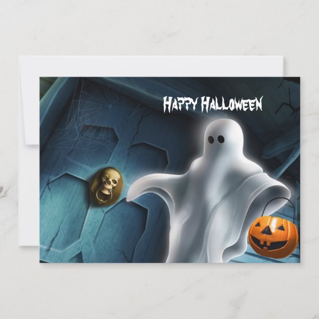 Tarjeta Fantasma de Halloween con calabaza (Anverso)