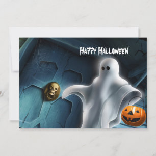 Tarjeta Fantasma de Halloween con calabaza
