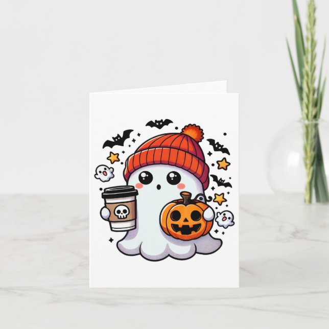 Tarjeta Fantasma De Halloween Con Calabaza Y Café (Anverso)