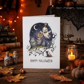 Tarjeta Fantasma de Halloween con sombrero de copa