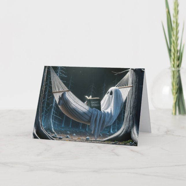 Tarjeta Fantasma de Halloween en una hamaca (Anverso)