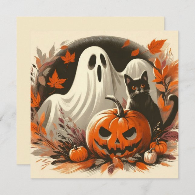 Tarjeta Fantasma de Halloween, Jack-'o-lantern y Gato Negr (Anverso / Reverso)