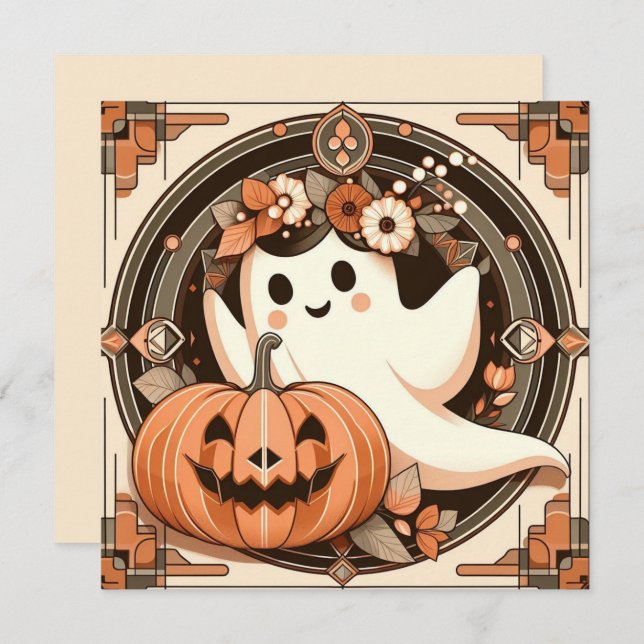 Tarjeta Fantasma de Halloween y Jack-o'lantern Espeluznant (Anverso / Reverso)