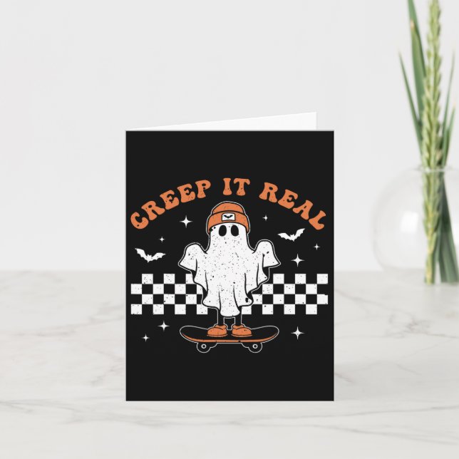Tarjeta Fantasma de skateboard retro lindo Halloween de ve (Anverso)