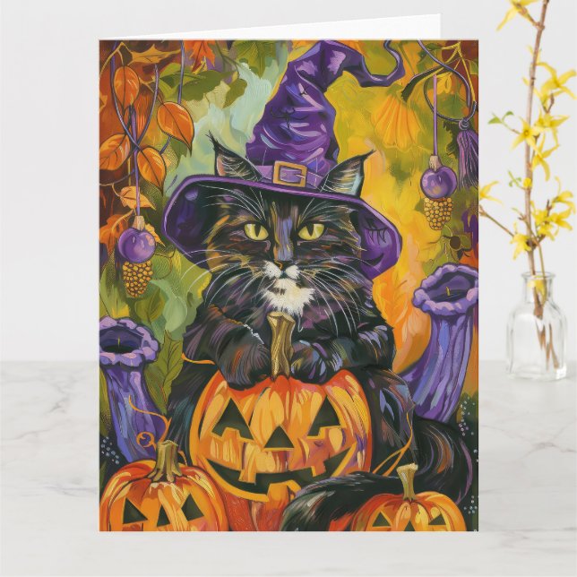 Tarjeta Fantasma Gato De Tuxedo Halloween Bruja Y Calabaza (flor amarilla)