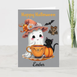 Tarjeta Fantasma, gato, murciélago Feliz de Halloween pers