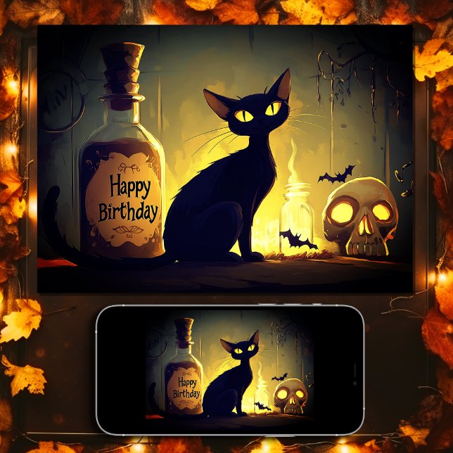 Tarjeta Fantasma Gato negro y Halloween (Scary Black Cat and Skull Happy Birthday Halloween Card)