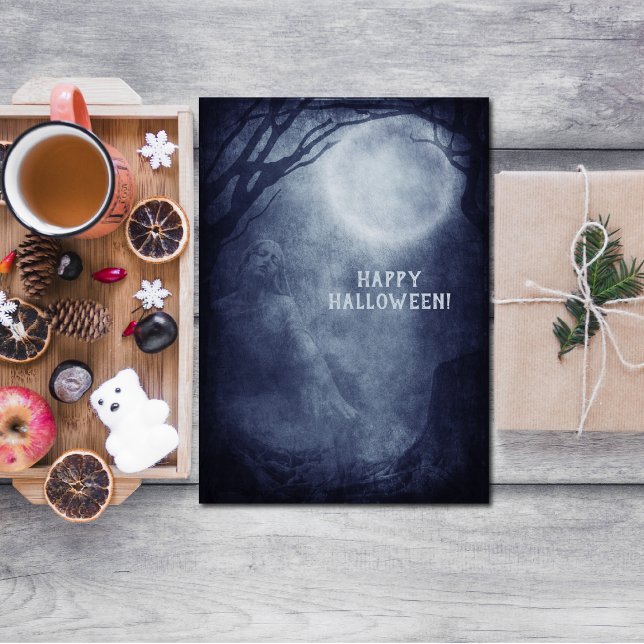 Tarjeta Fantasma Halloween Fantasma Luna Llena de noche (Subido por el creador)
