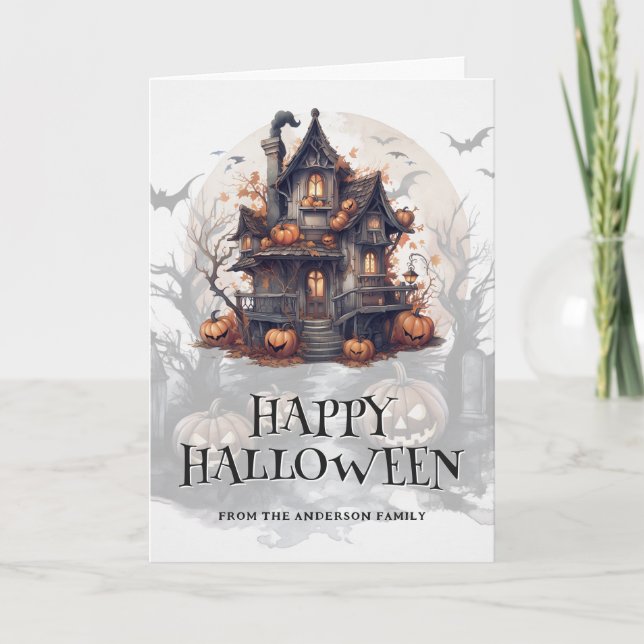 Tarjeta Fantasma Halloween Hauned House Bats Pumpkins Foto (Anverso)