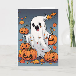 Tarjeta Fantasma lindo con calabazas Halloween