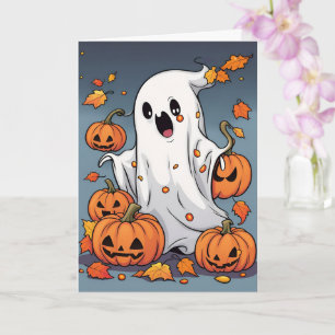 Tarjeta Fantasma lindo con calabazas Halloween