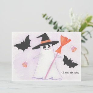 Tarjeta Fantasma lindo con murciélagos y caramelos