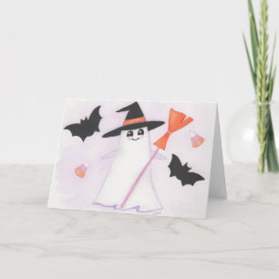 Tarjeta Fantasma lindo con murciélagos y caramelos