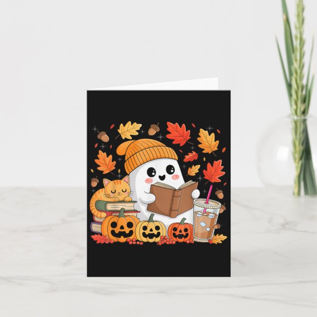 Tarjeta Fantasma Lindo Lectores de Libros Otoño Halloween (Anverso)
