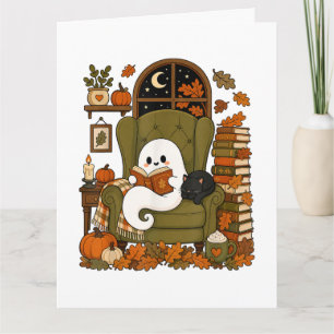 Tarjeta Fantasma Lindo Leyendo Libro Gato Negro Otoño Cala