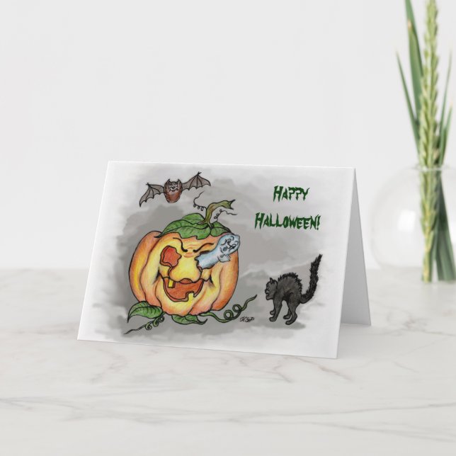 Tarjeta fantasma, murciélago y gato, ¡Feliz Halloween! (Anverso)