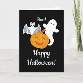 Tarjeta Fantasma, murciélago y Halloween de calabaza amist