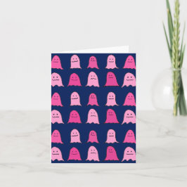 Tarjeta Fantasma rosa de Halloween en azul oscuro