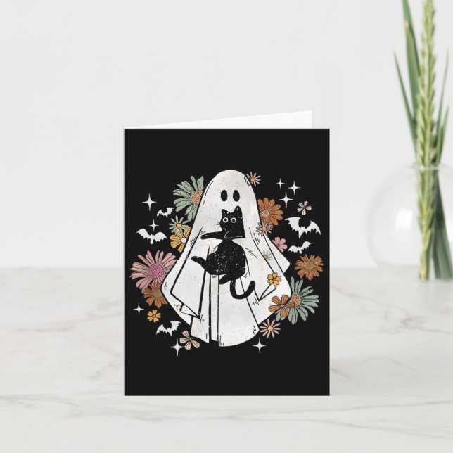Tarjeta Fantasma Sostengo Gato Negro Groovy Floral Hallowe (Anverso)